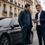 Chauffeur professionnel et courtier préparant un devis d’assurance taxi VTC