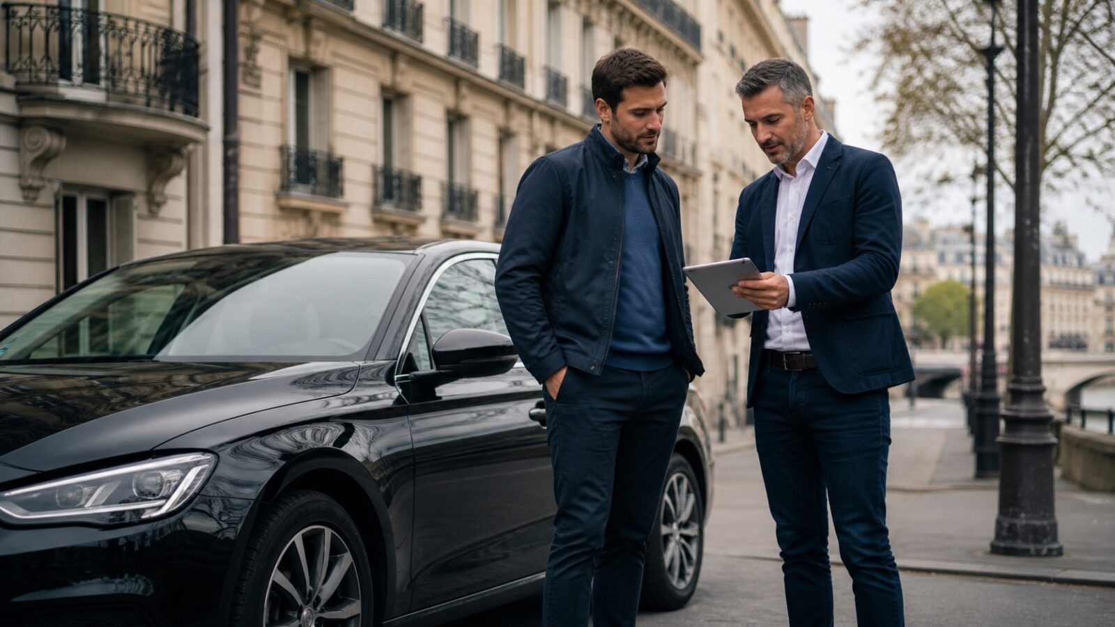 Chauffeur professionnel et courtier préparant un devis d’assurance taxi VTC