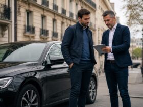 Chauffeur professionnel et courtier préparant un devis d’assurance taxi VTC