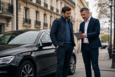 Chauffeur professionnel et courtier préparant un devis d’assurance taxi VTC