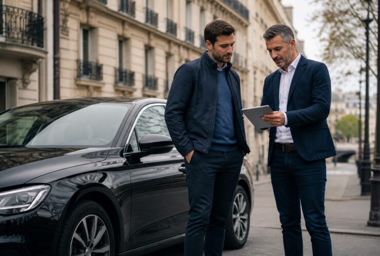 Chauffeur professionnel et courtier préparant un devis d’assurance taxi VTC