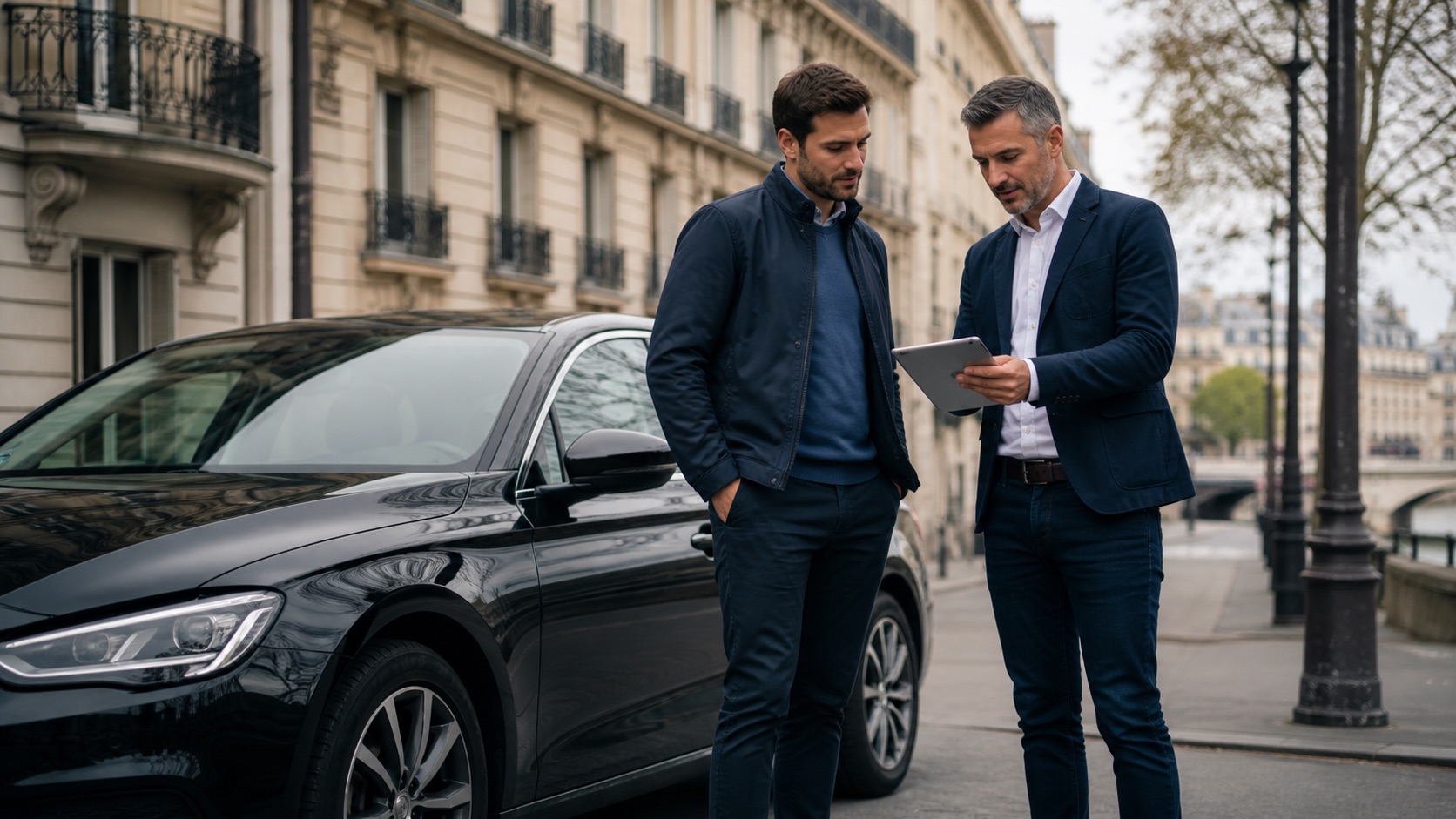 Chauffeur professionnel et courtier préparant un devis d’assurance taxi VTC