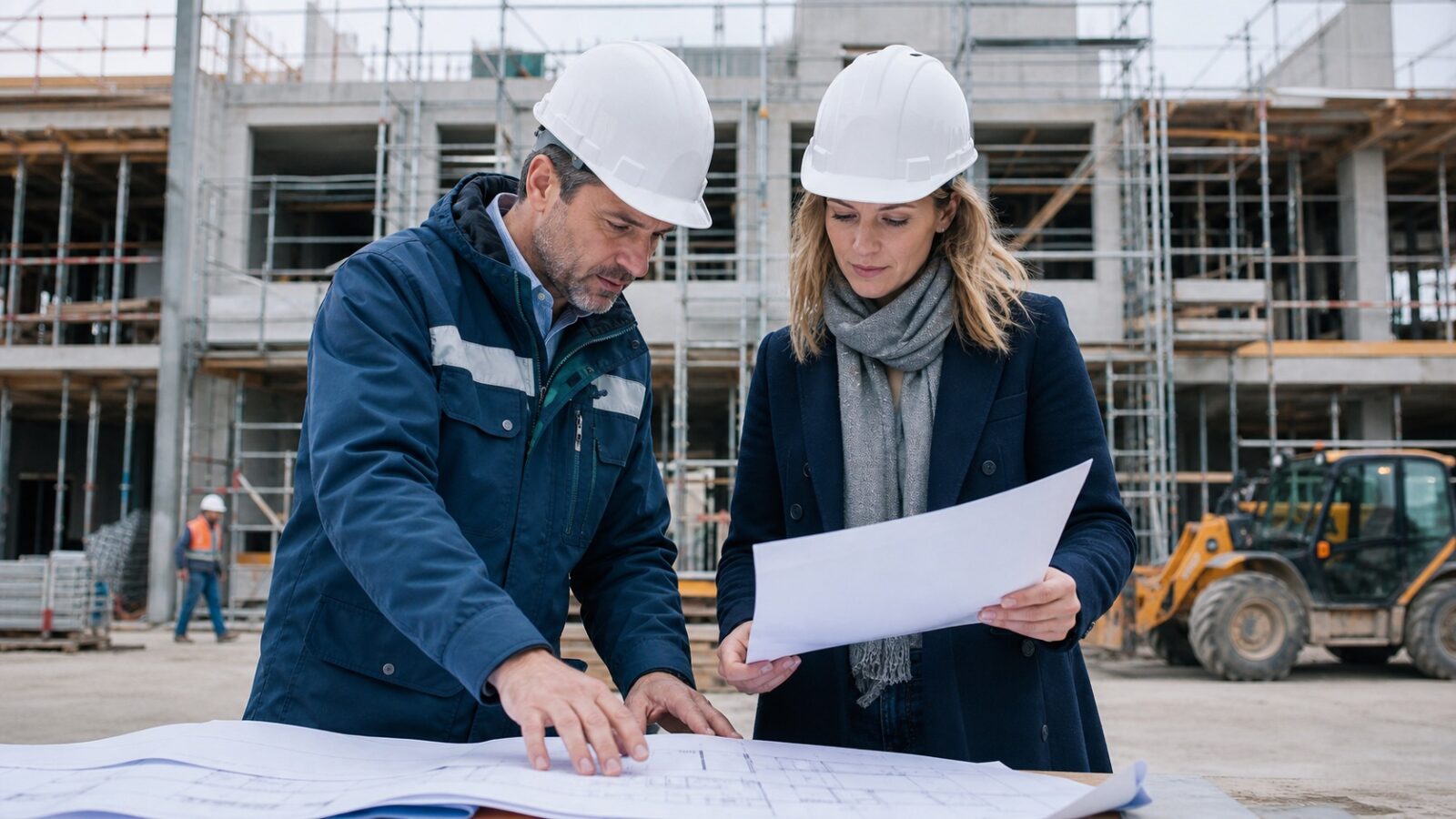 Professionnels du BTP vérifiant une assurance décennale sur un chantier