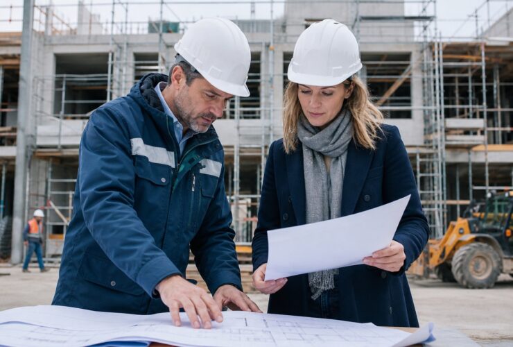 Professionnels du BTP vérifiant une assurance décennale sur un chantier