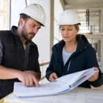 Artisan et conseillère examinant des plans pour vérifier une assurance décennale