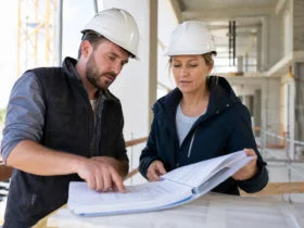 Artisan et conseillère examinant des plans pour vérifier une assurance décennale
