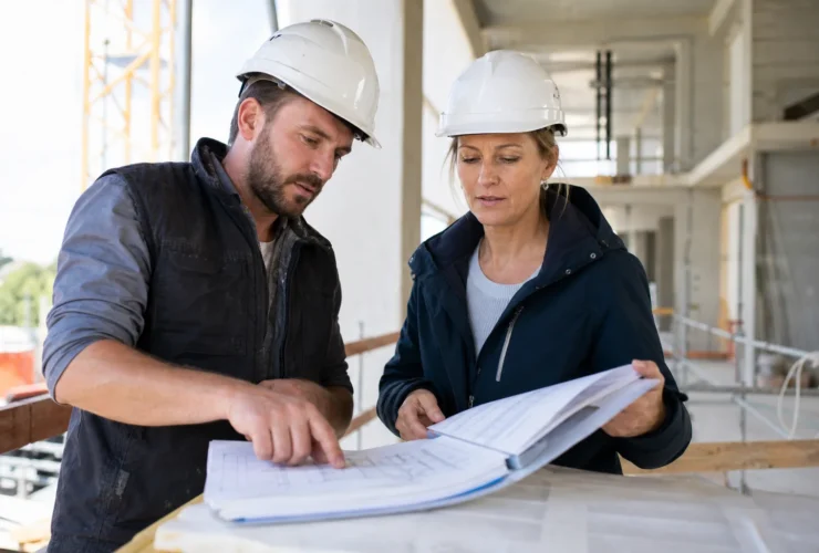 Artisan et conseillère examinant des plans pour vérifier une assurance décennale