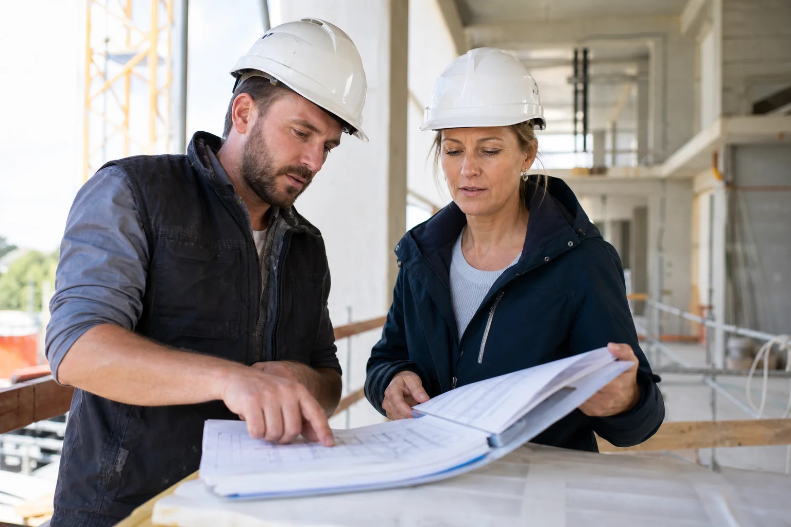 Artisan et conseillère examinant des plans pour vérifier une assurance décennale