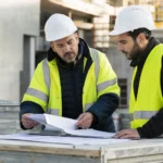 Conducteur de travaux et sous-traitant vérifiant les documents d’un chantier