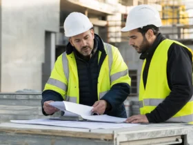 Conducteur de travaux et sous-traitant vérifiant les documents d’un chantier