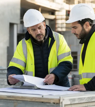Conducteur de travaux et sous-traitant vérifiant les documents d’un chantier