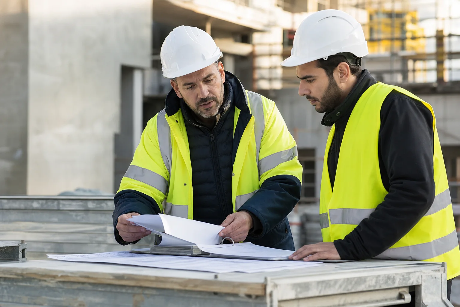 Conducteur de travaux et sous-traitant vérifiant les documents d’un chantier