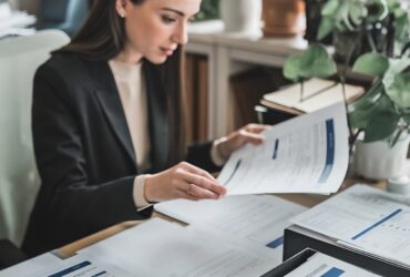 Une professionnelle examine des documents avant leur traitement au cabinet.