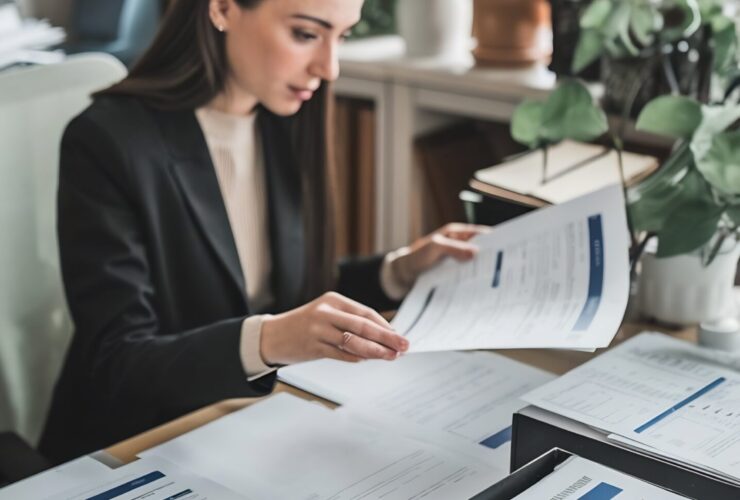 Une professionnelle examine des documents avant leur traitement au cabinet.