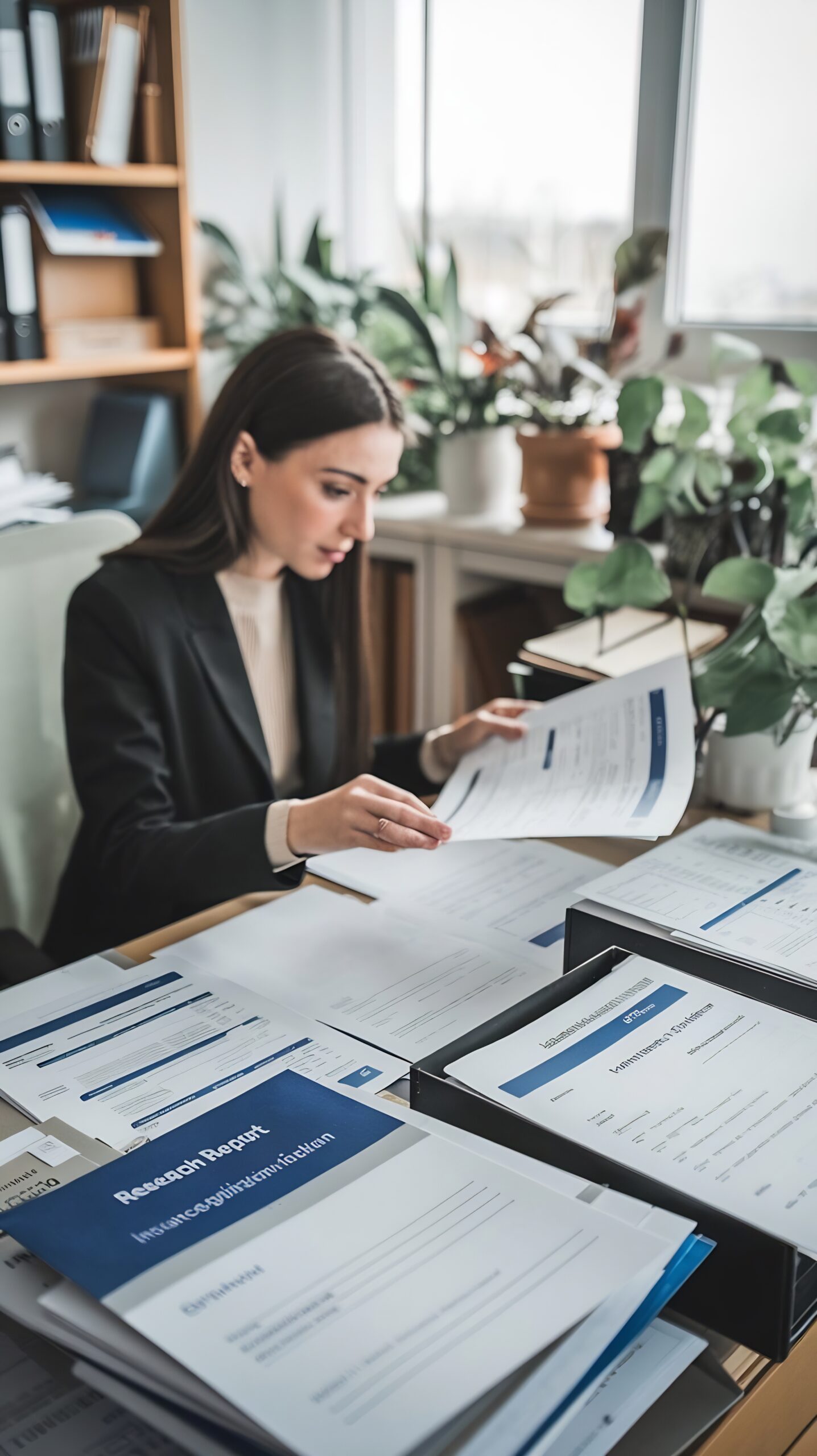 Une professionnelle examine des documents avant leur traitement au cabinet.