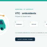Illustration vectorielle originale représentant vtc · antécédents avec un symbole éditorial et trois repères de préparation; aucun client, contrat ou résultat réel n’est représenté.