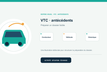 Illustration vectorielle originale représentant vtc · antécédents avec un symbole éditorial et trois repères de préparation; aucun client, contrat ou résultat réel n’est représenté.