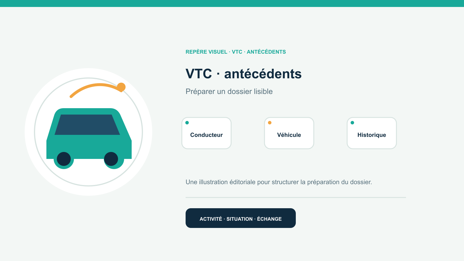 Illustration vectorielle originale représentant vtc · antécédents avec un symbole éditorial et trois repères de préparation; aucun client, contrat ou résultat réel n’est représenté.