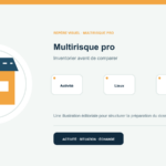 Illustration vectorielle originale représentant multirisque pro avec un symbole éditorial et trois repères de préparation; aucun client, contrat ou résultat réel n’est représenté.
