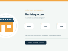 Illustration vectorielle originale représentant multirisque pro avec un symbole éditorial et trois repères de préparation; aucun client, contrat ou résultat réel n’est représenté.
