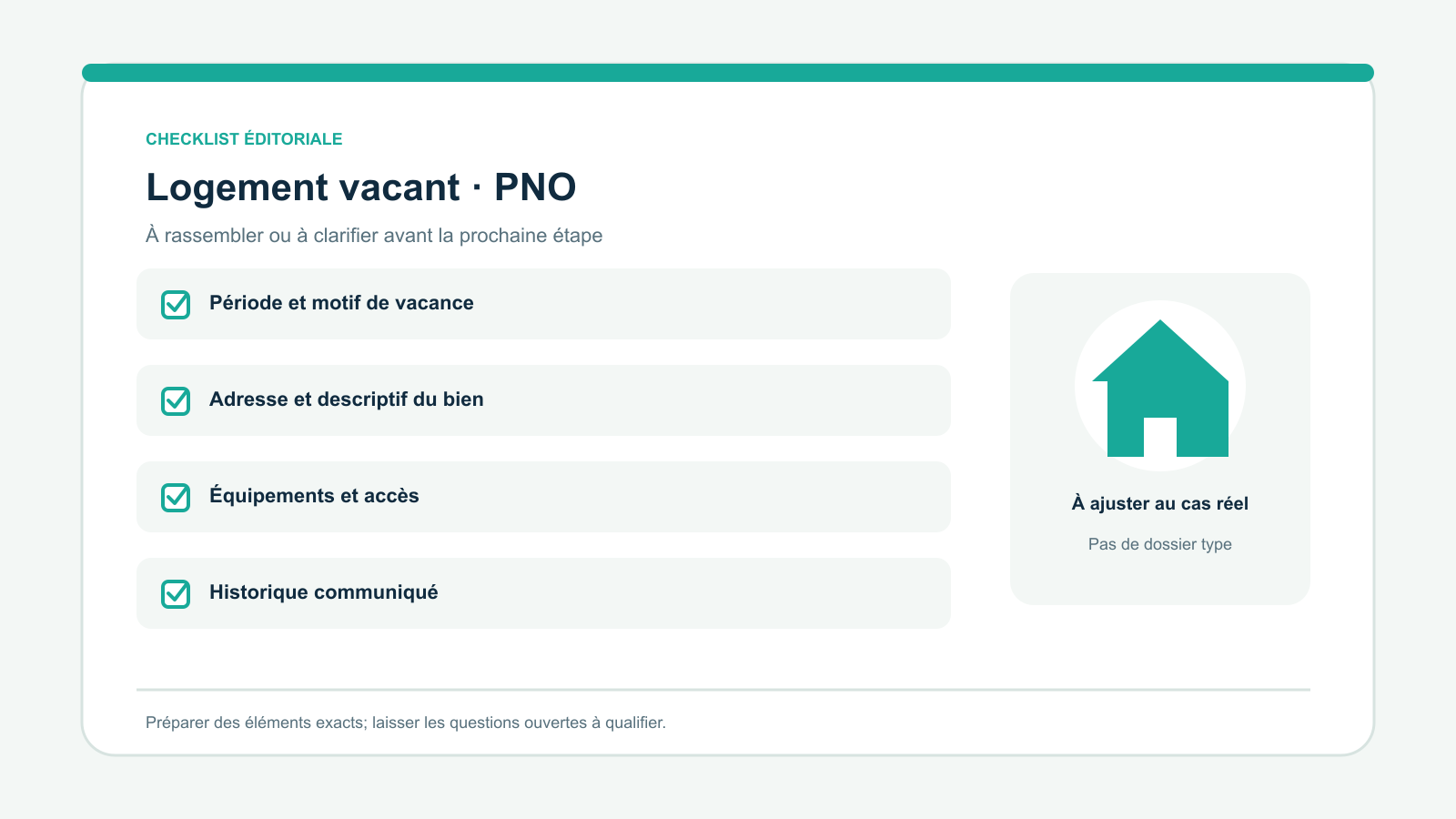 Checklist vectorielle originale de quatre points à examiner pour logement vacant · pno : Période et motif de vacance; Adresse et descriptif du bien; Équipements et accès; Historique communiqué. À adapter à la situation réelle.