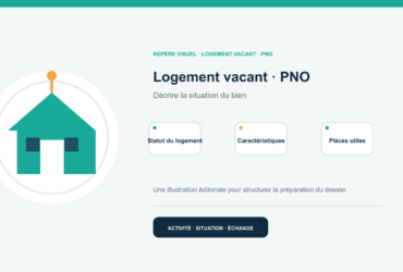 Illustration vectorielle originale représentant logement vacant · pno avec un symbole éditorial et trois repères de préparation; aucun client, contrat ou résultat réel n’est représenté.