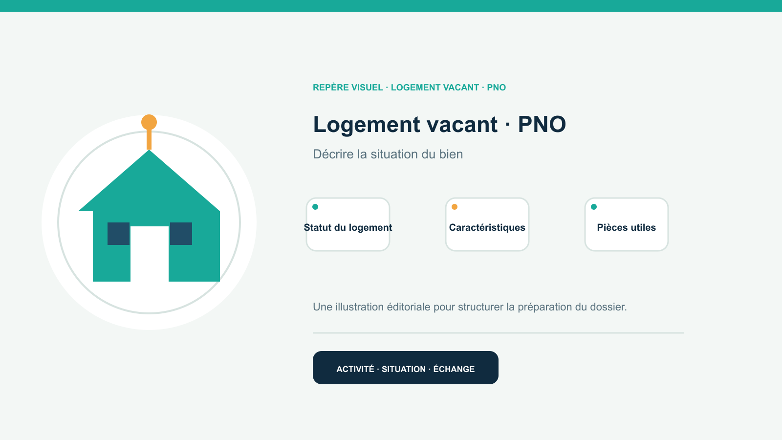 Illustration vectorielle originale représentant logement vacant · pno avec un symbole éditorial et trois repères de préparation; aucun client, contrat ou résultat réel n’est représenté.