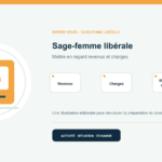 Illustration vectorielle originale représentant sage-femme libérale avec un symbole éditorial et trois repères de préparation; aucun client, contrat ou résultat réel n’est représenté.
