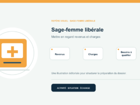 Illustration vectorielle originale représentant sage-femme libérale avec un symbole éditorial et trois repères de préparation; aucun client, contrat ou résultat réel n’est représenté.