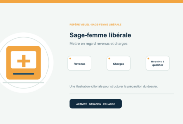 Illustration vectorielle originale représentant sage-femme libérale avec un symbole éditorial et trois repères de préparation; aucun client, contrat ou résultat réel n’est représenté.