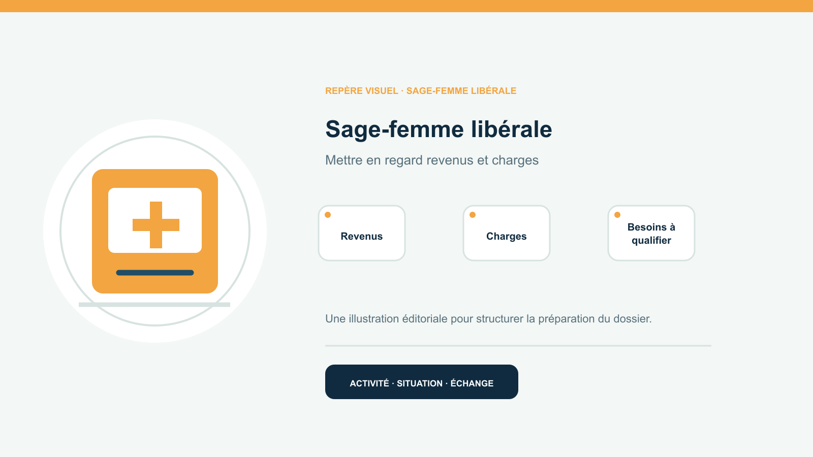 Illustration vectorielle originale représentant sage-femme libérale avec un symbole éditorial et trois repères de préparation; aucun client, contrat ou résultat réel n’est représenté.