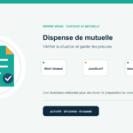 Illustration vectorielle originale représentant dispense de mutuelle avec un symbole éditorial et trois repères de préparation; aucun client, contrat ou résultat réel n’est représenté.