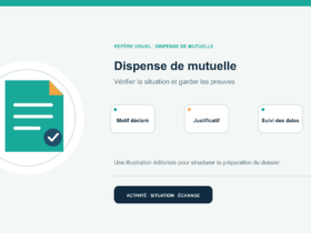 Illustration vectorielle originale représentant dispense de mutuelle avec un symbole éditorial et trois repères de préparation; aucun client, contrat ou résultat réel n’est représenté.