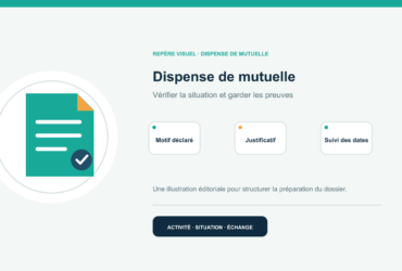 Illustration vectorielle originale représentant dispense de mutuelle avec un symbole éditorial et trois repères de préparation; aucun client, contrat ou résultat réel n’est représenté.
