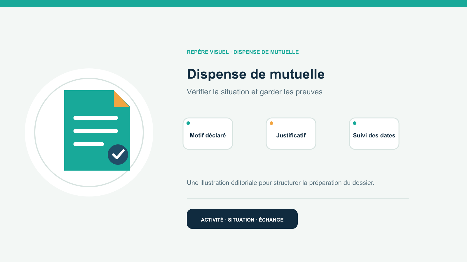Illustration vectorielle originale représentant dispense de mutuelle avec un symbole éditorial et trois repères de préparation; aucun client, contrat ou résultat réel n’est représenté.