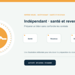 Illustration vectorielle originale représentant indépendant · santé et revenus avec un symbole éditorial et trois repères de préparation; aucun client, contrat ou résultat réel n’est représenté.