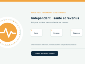 Illustration vectorielle originale représentant indépendant · santé et revenus avec un symbole éditorial et trois repères de préparation; aucun client, contrat ou résultat réel n’est représenté.