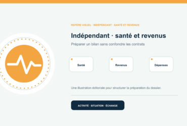 Illustration vectorielle originale représentant indépendant · santé et revenus avec un symbole éditorial et trois repères de préparation; aucun client, contrat ou résultat réel n’est représenté.