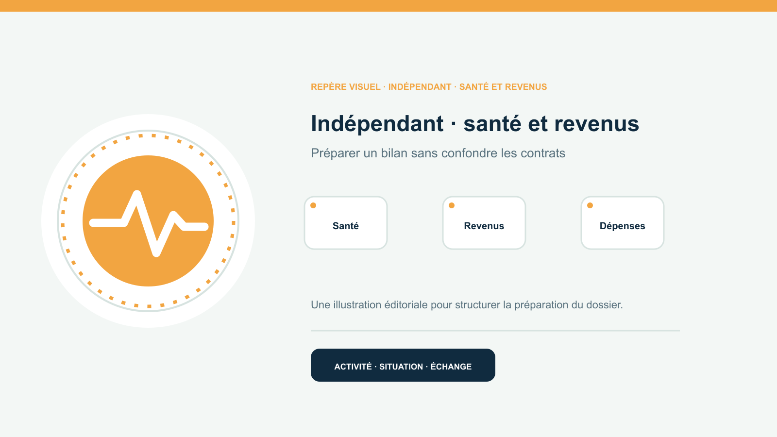 Illustration vectorielle originale représentant indépendant · santé et revenus avec un symbole éditorial et trois repères de préparation; aucun client, contrat ou résultat réel n’est représenté.
