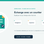 Illustration vectorielle originale représentant échange avec un courtier avec un symbole éditorial et trois repères de préparation; aucun client, contrat ou résultat réel n’est représenté.