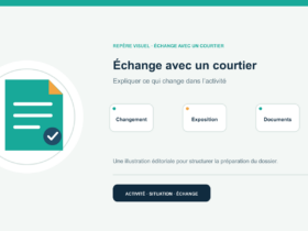 Illustration vectorielle originale représentant échange avec un courtier avec un symbole éditorial et trois repères de préparation; aucun client, contrat ou résultat réel n’est représenté.