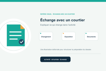 Illustration vectorielle originale représentant échange avec un courtier avec un symbole éditorial et trois repères de préparation; aucun client, contrat ou résultat réel n’est représenté.