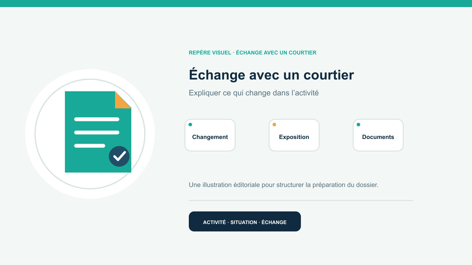 Illustration vectorielle originale représentant échange avec un courtier avec un symbole éditorial et trois repères de préparation; aucun client, contrat ou résultat réel n’est représenté.